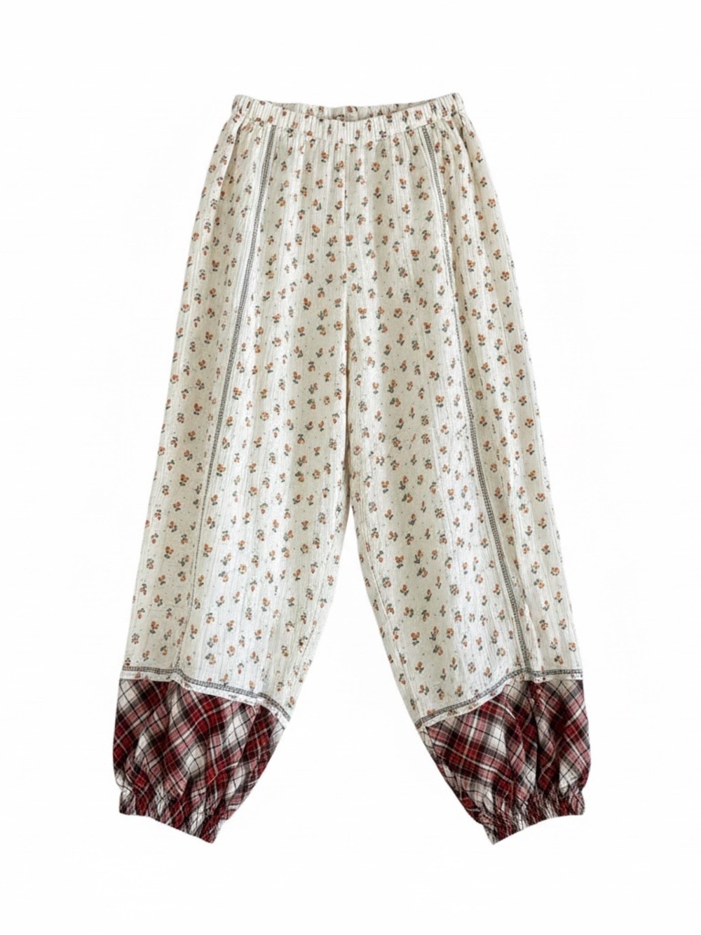 POL Meadow Muse Boho Harem Pants in Cream with Red Plaid Trim Womens M
